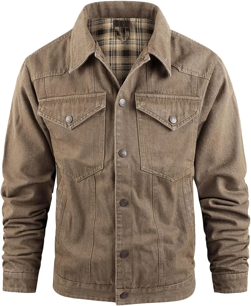 Mens Plaid Denim Jackets Button Down Jean Coat Casual Long Sleeve Vintage Trucker Jackets Outwear