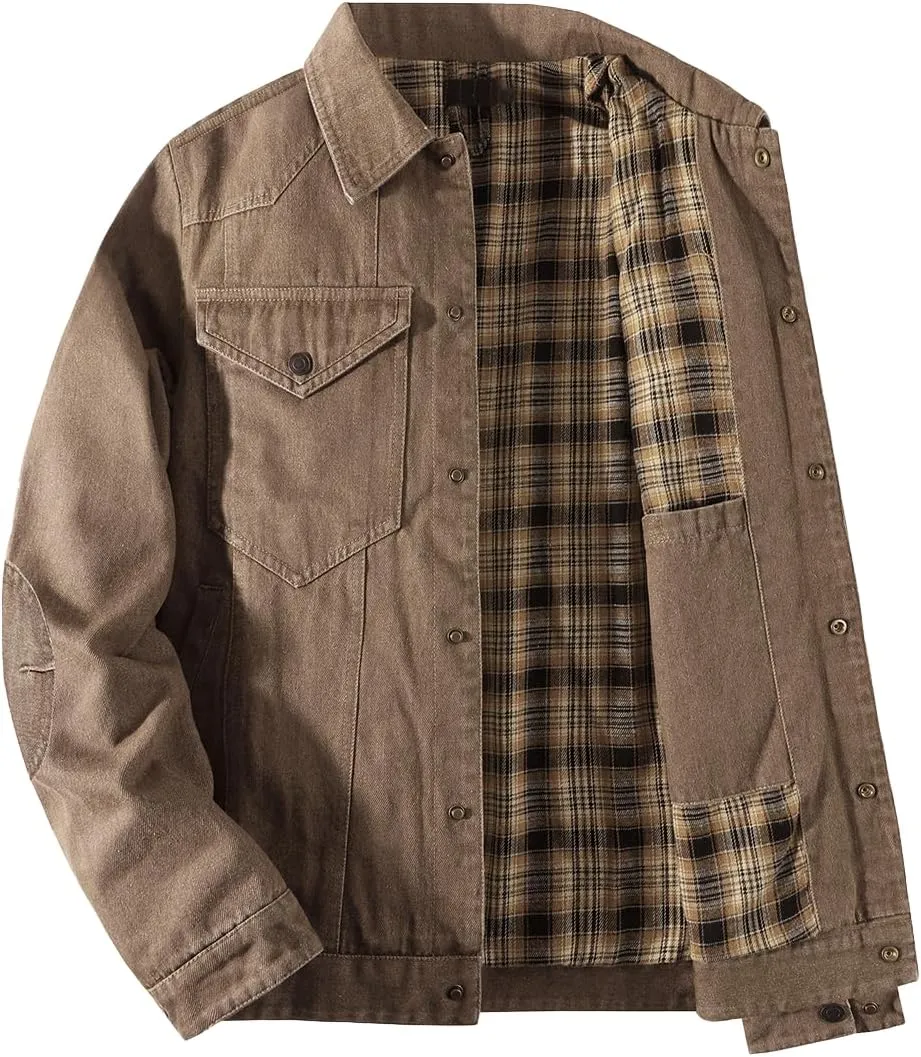 Mens Plaid Denim Jackets Button Down Jean Coat Casual Long Sleeve Vintage Trucker Jackets Outwear