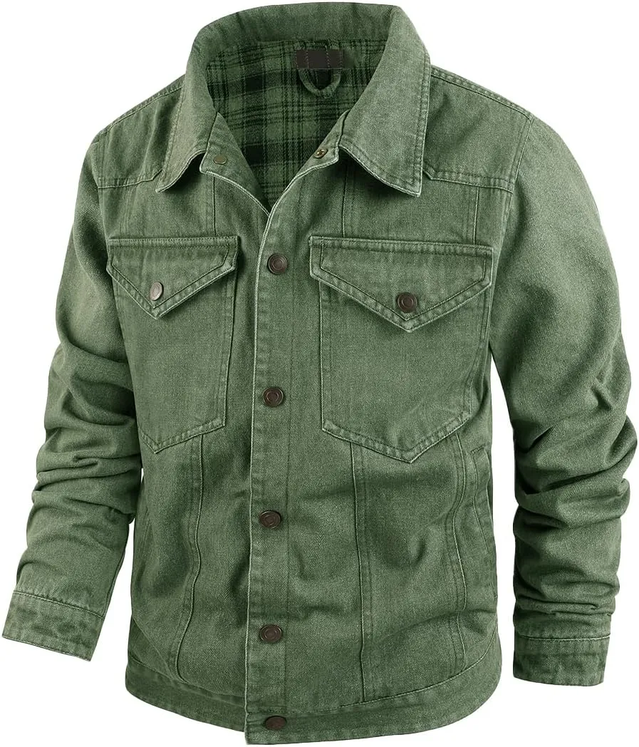 Mens Plaid Denim Jackets Button Down Jean Coat Casual Long Sleeve Vintage Trucker Jackets Outwear