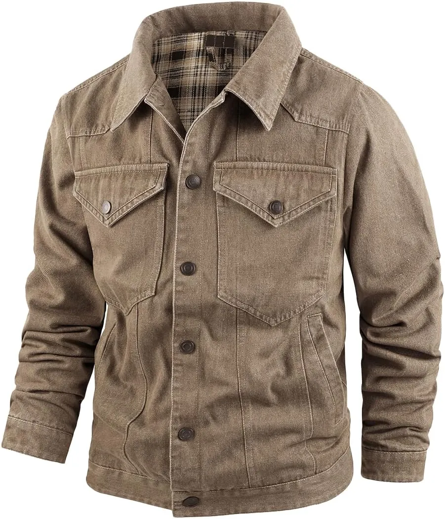 Mens Plaid Denim Jackets Button Down Jean Coat Casual Long Sleeve Vintage Trucker Jackets Outwear