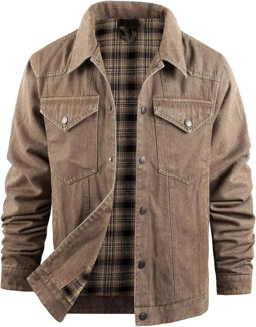 Mens Plaid Denim Jackets Button Down Jean Coat Casual Long Sleeve Vintage Trucker Jackets Outwear