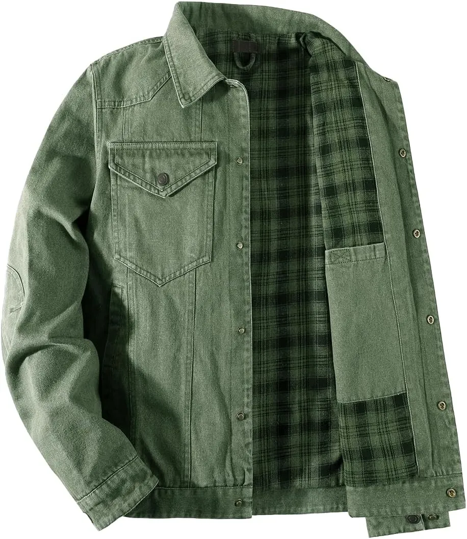 Mens Plaid Denim Jackets Button Down Jean Coat Casual Long Sleeve Vintage Trucker Jackets Outwear