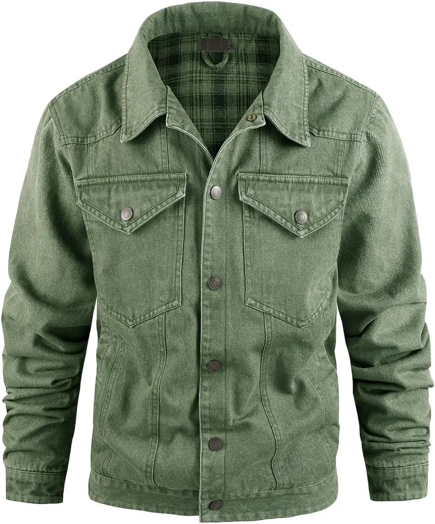 Mens Plaid Denim Jackets Button Down Jean Coat Casual Long Sleeve Vintage Trucker Jackets Outwear