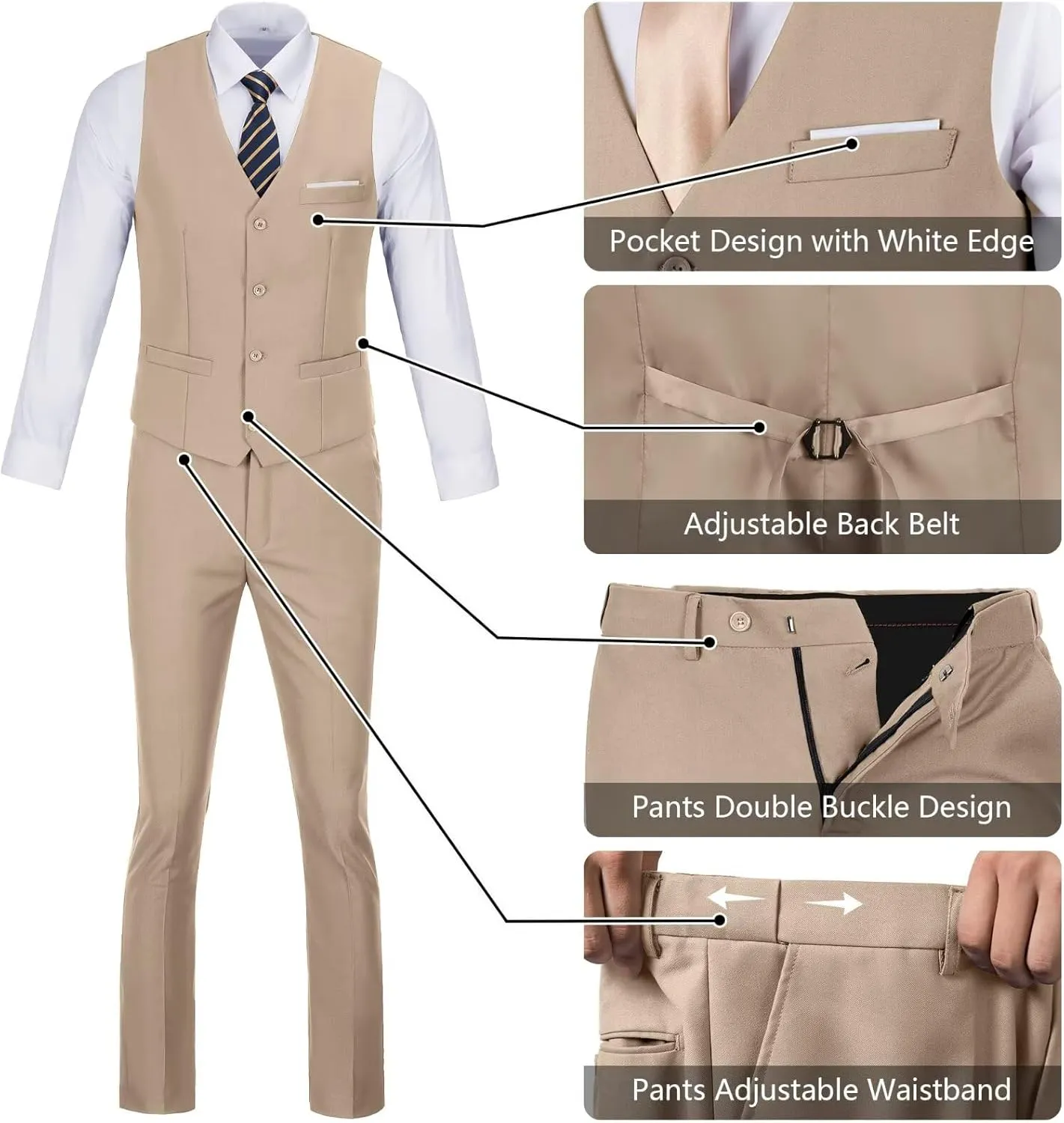 Men's Slim Fit 3-Piece Suit Set, Formal Wedding Tuxedo in Black, Navy Blue