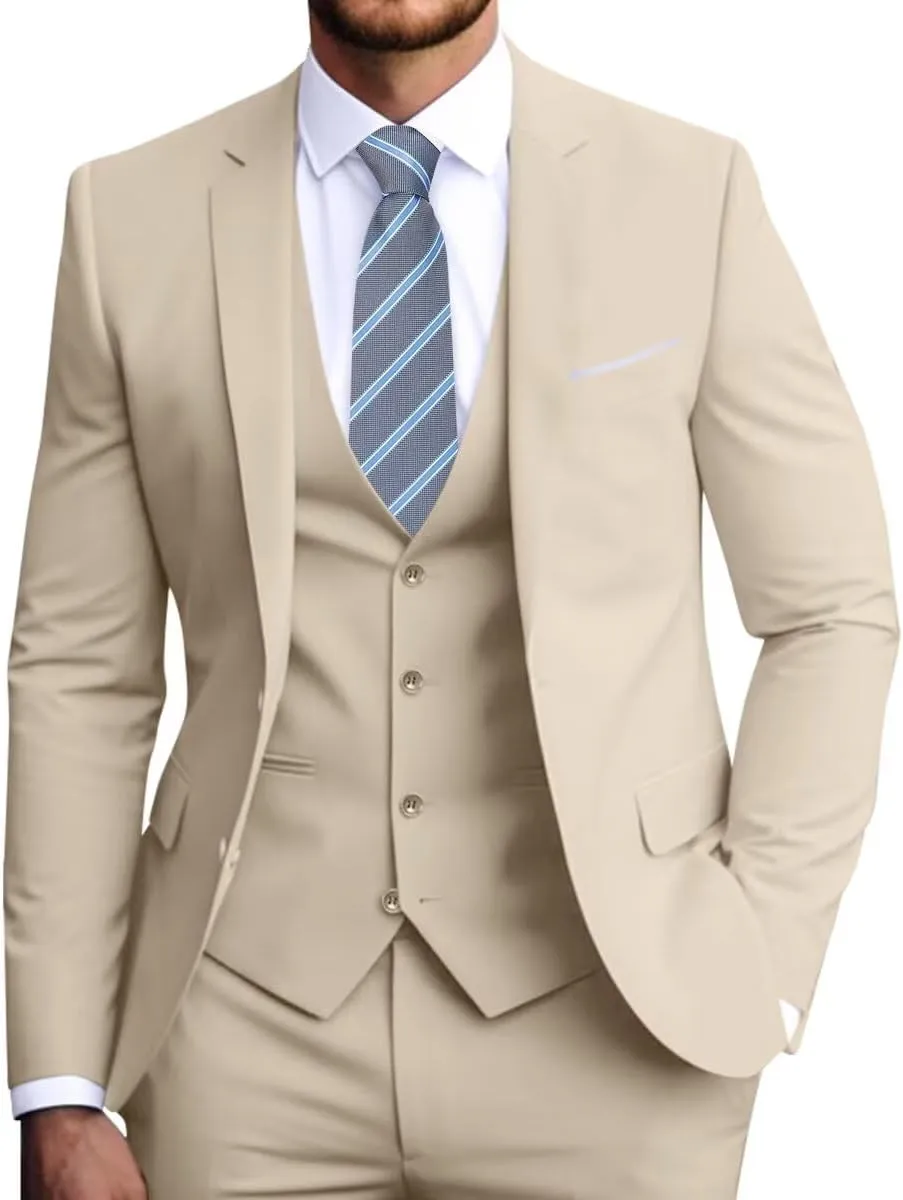 Men's Slim Fit 3-Piece Suit Set, Formal Wedding Tuxedo in Black, Navy Blue