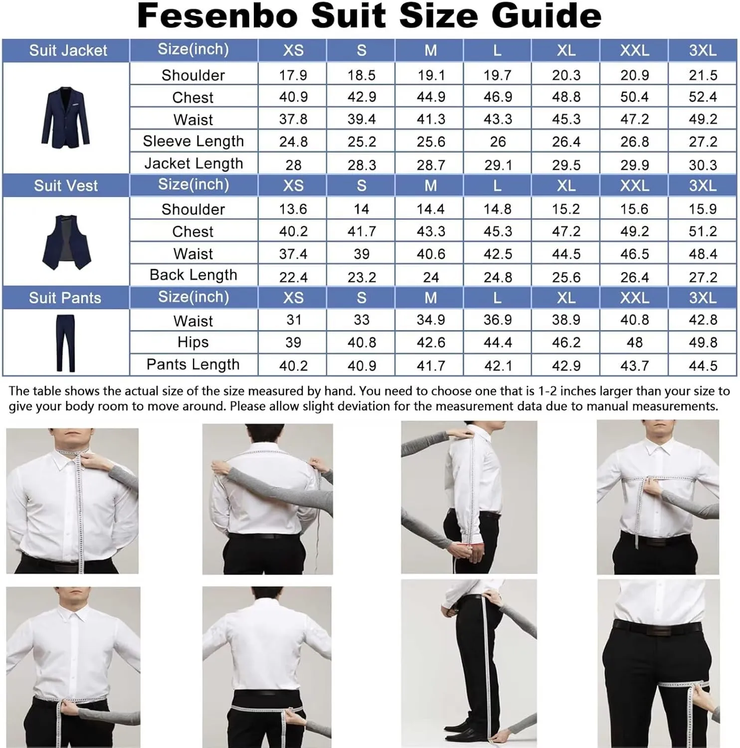 Men's Slim Fit 3-Piece Suit Set, Formal Wedding Tuxedo in Black, Navy Blue