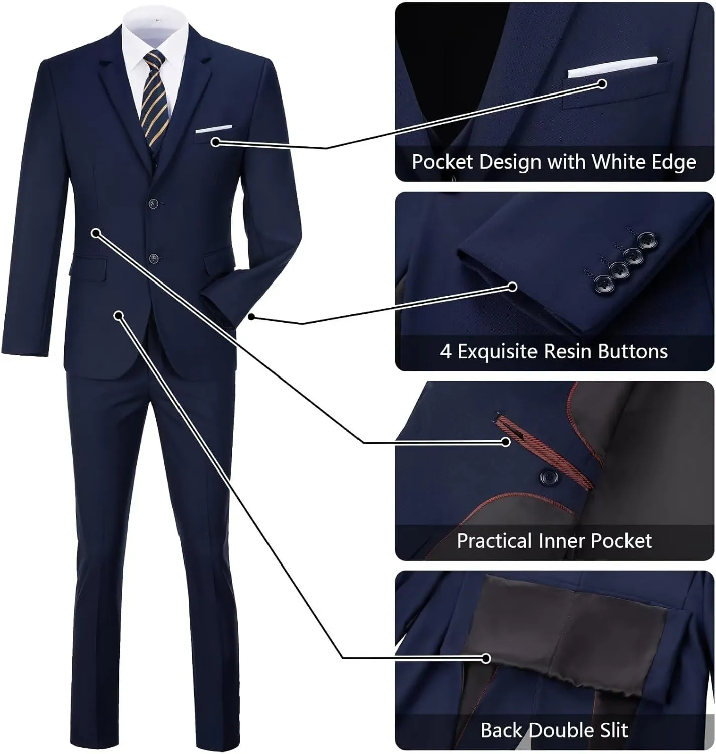 Men's Slim Fit 3-Piece Suit Set, Formal Wedding Tuxedo in Black, Navy Blue
