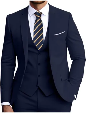 Men's Slim Fit 3-Piece Suit Set, Formal Wedding Tuxedo in Black, Navy Blue