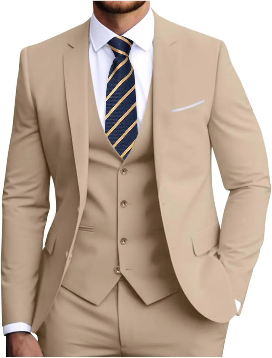 Men's Slim Fit 3-Piece Suit Set, Formal Wedding Tuxedo in Black, Navy Blue