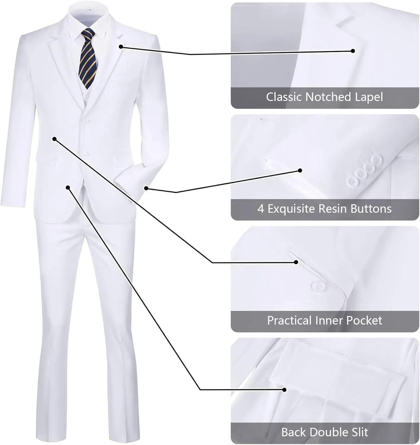 Men's Slim Fit 3-Piece Suit Set, Formal Wedding Tuxedo in Black, Navy Blue