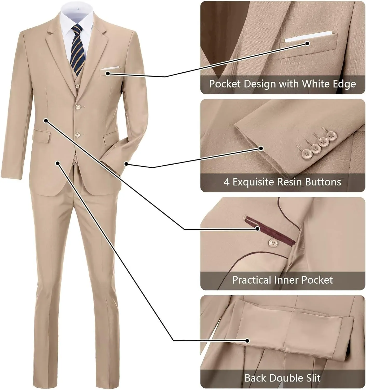 Men's Slim Fit 3-Piece Suit Set, Formal Wedding Tuxedo in Black, Navy Blue