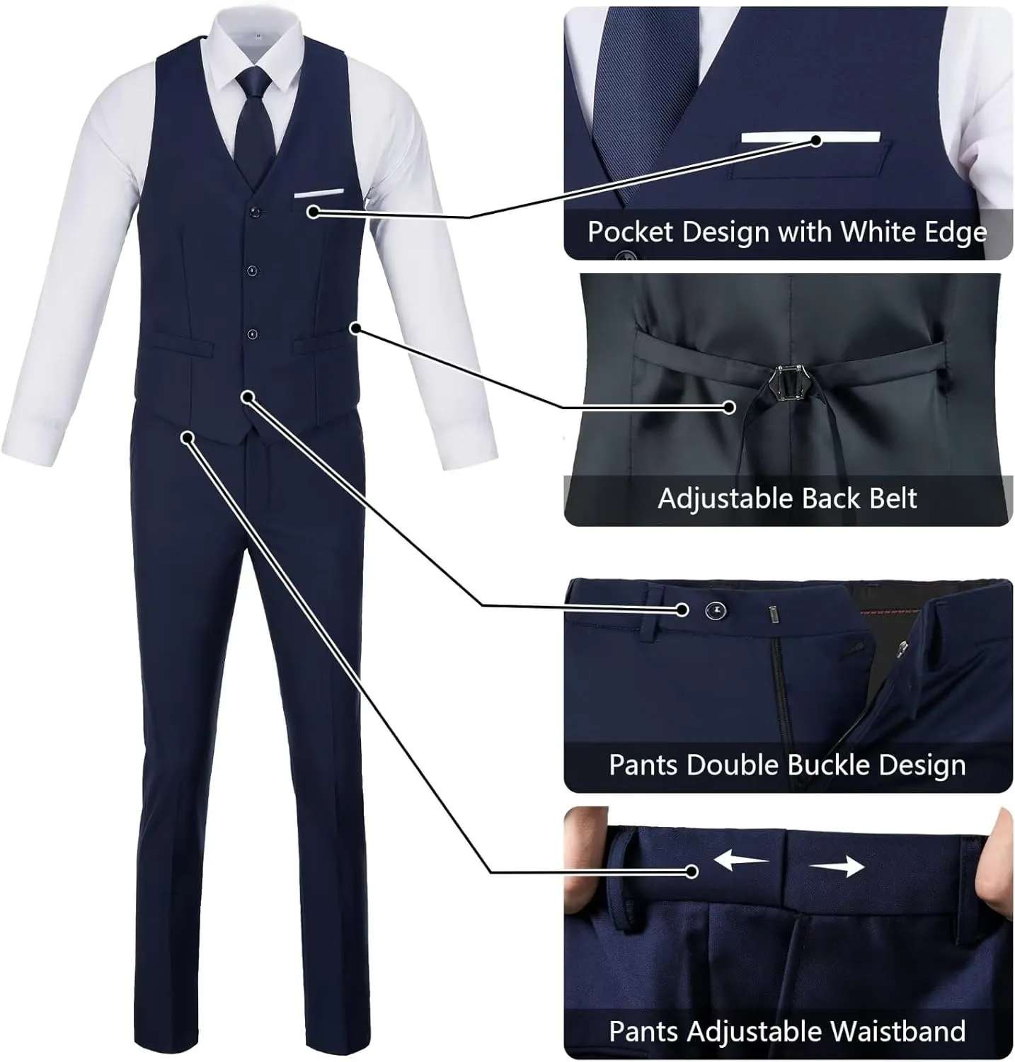 Men's Slim Fit 3-Piece Suit Set, Formal Wedding Tuxedo in Black, Navy Blue