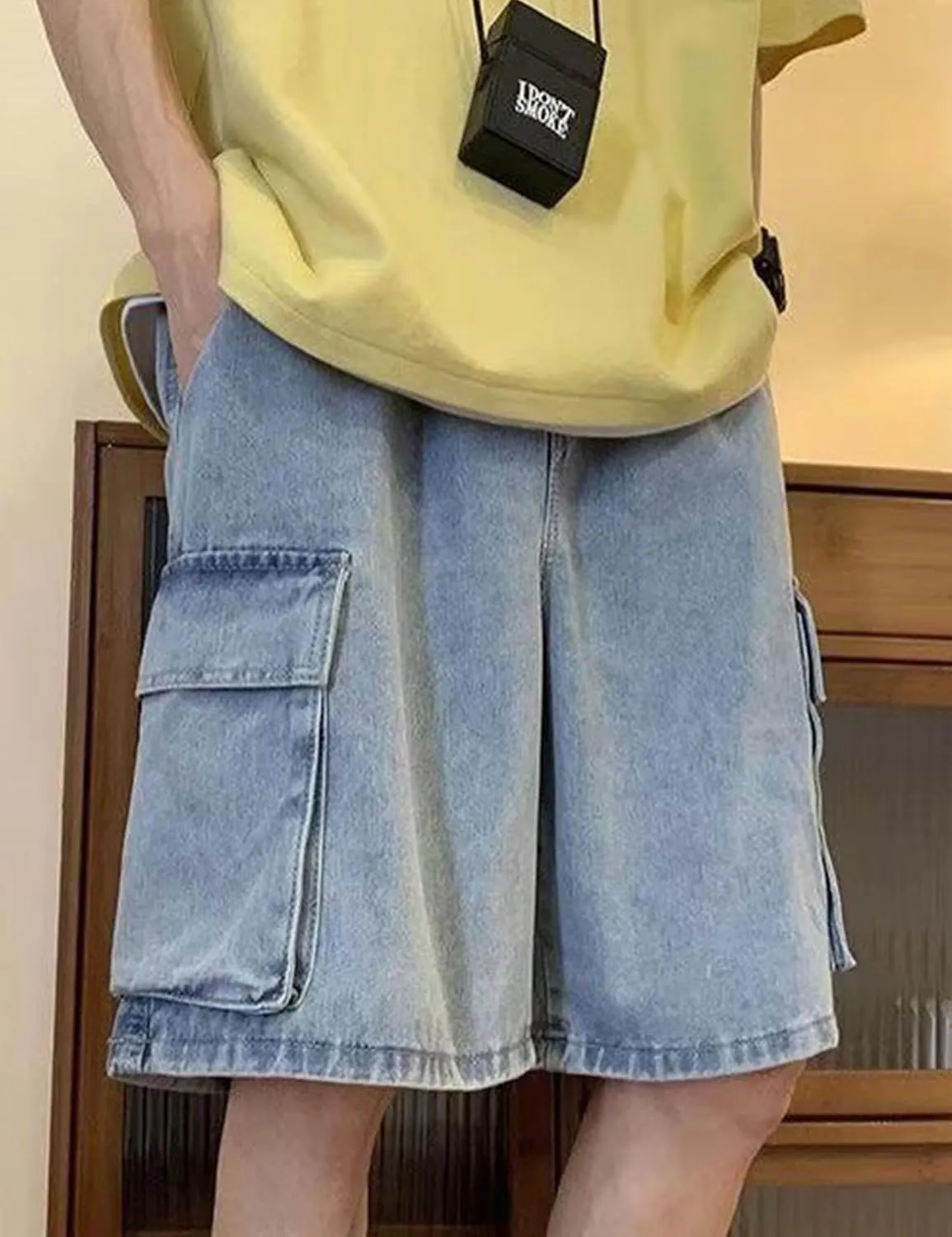 Mens Y2K Blue Denim Shorts Aesthetic Baggy Jeans Shorts Hip Hop Straight Leg Jorts Harajuku Streetwear