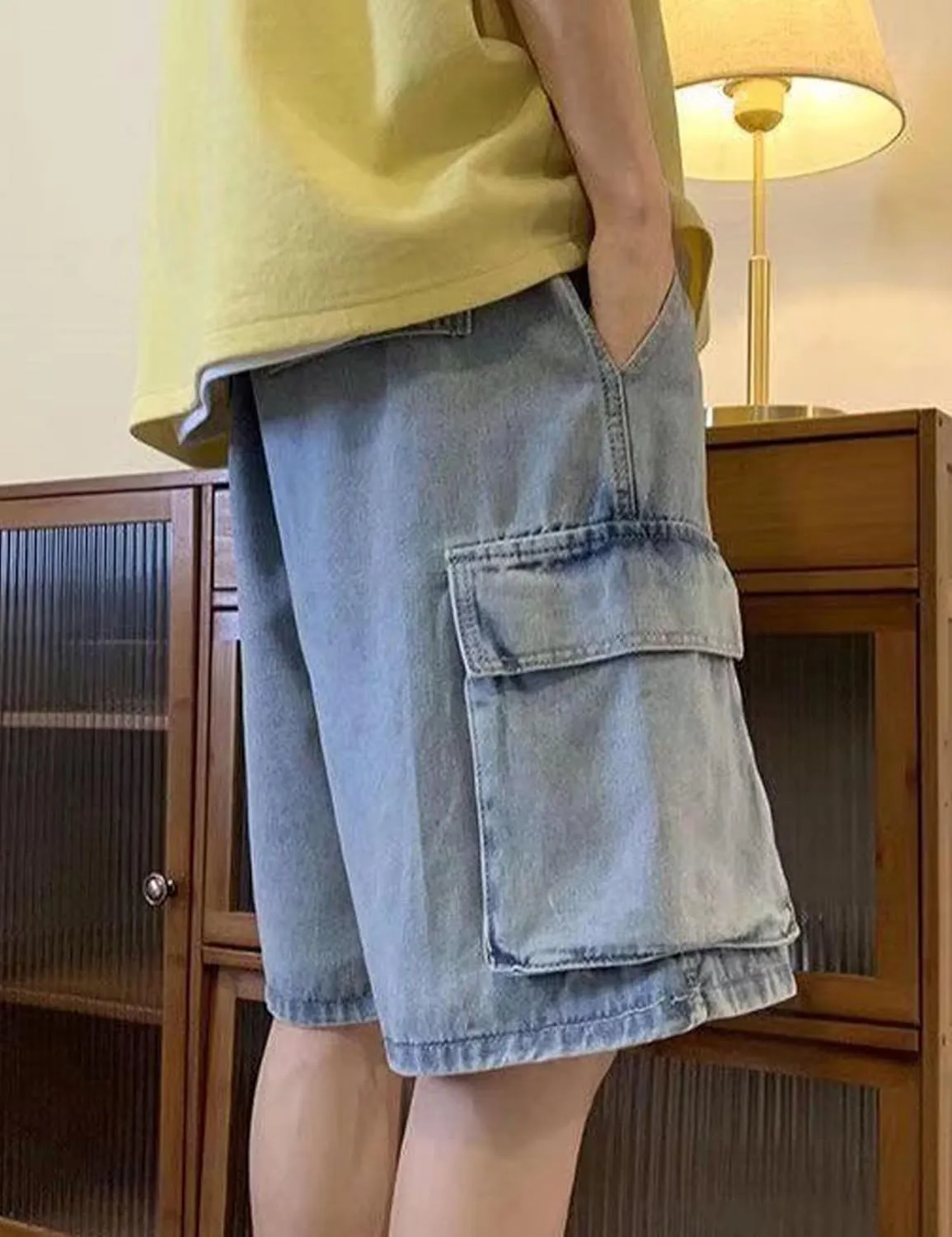 Mens Y2K Blue Denim Shorts Aesthetic Baggy Jeans Shorts Hip Hop Straight Leg Jorts Harajuku Streetwear