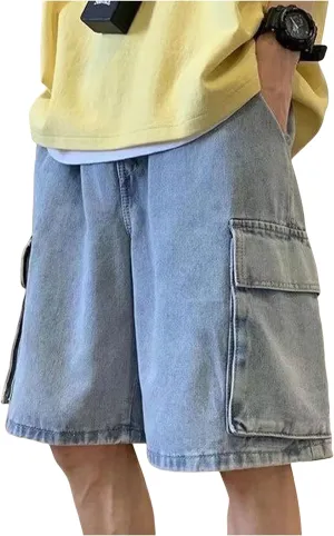 Mens Y2K Blue Denim Shorts Aesthetic Baggy Jeans Shorts Hip Hop Straight Leg Jorts Harajuku Streetwear