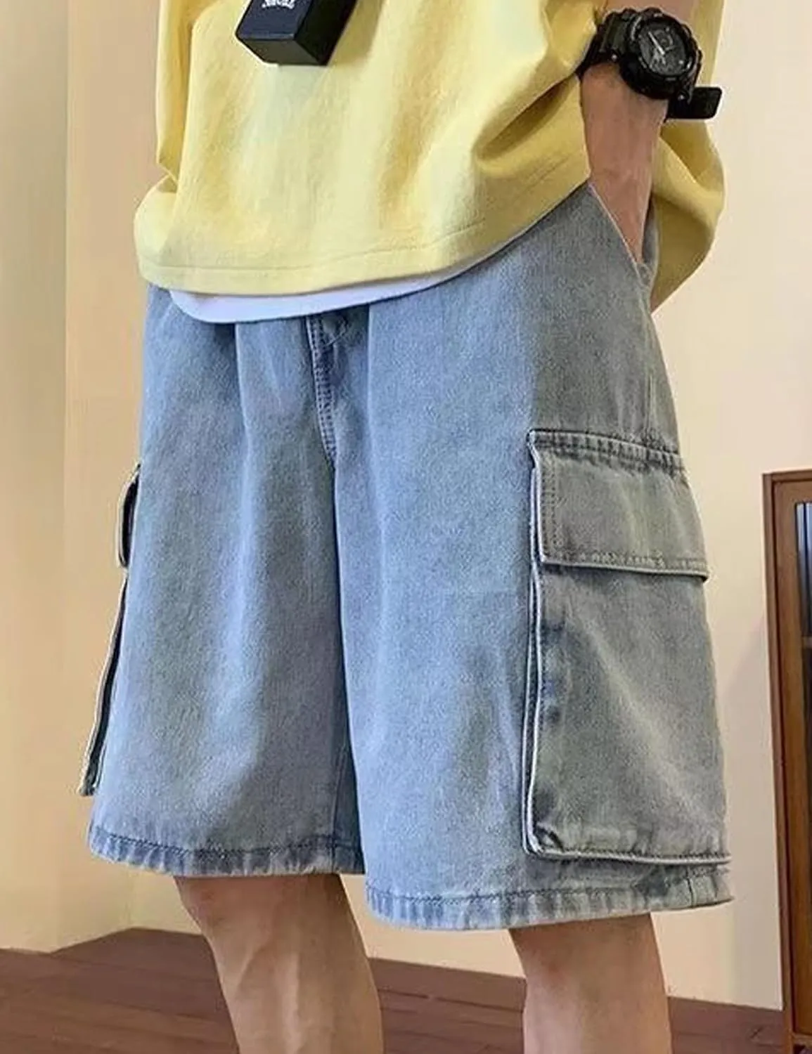 Mens Y2K Blue Denim Shorts Aesthetic Baggy Jeans Shorts Hip Hop Straight Leg Jorts Harajuku Streetwear
