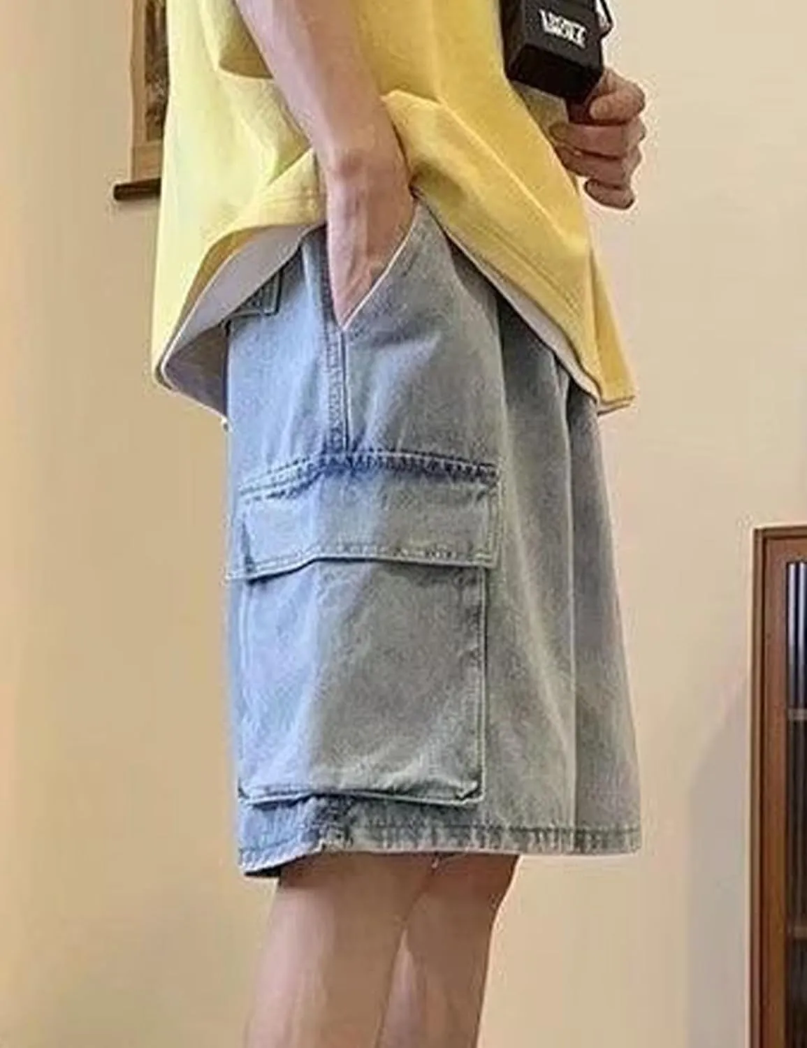 Mens Y2K Blue Denim Shorts Aesthetic Baggy Jeans Shorts Hip Hop Straight Leg Jorts Harajuku Streetwear