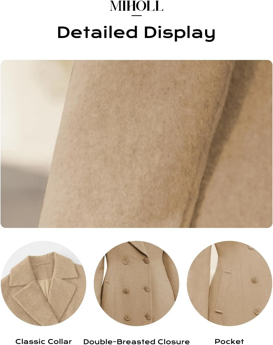 MIHOLL Women's Winter Wool Coat Chic Notched Collar Double Breasted Long Coat With Pockets