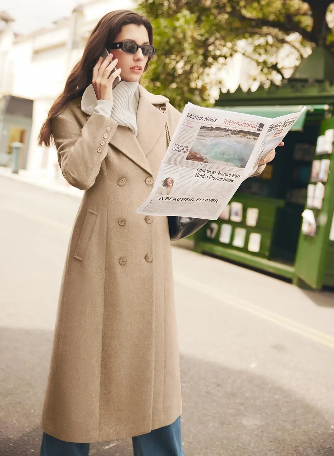 MIHOLL Women's Winter Wool Coat Chic Notched Collar Double Breasted Long Coat With Pockets