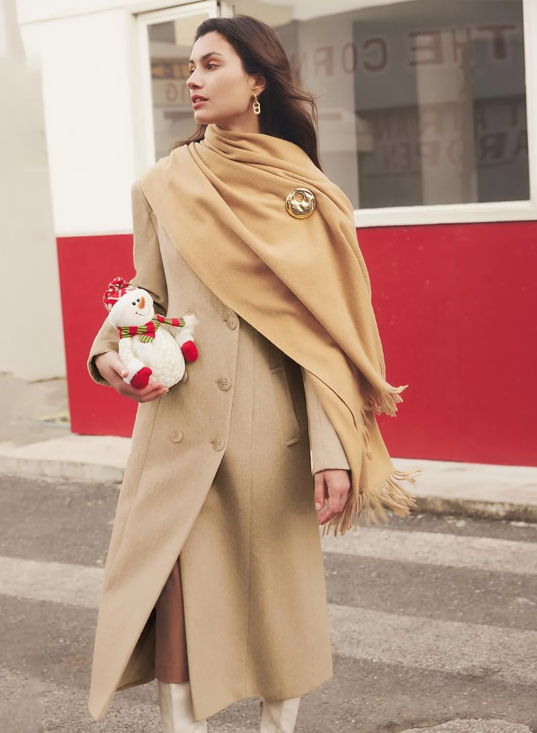 MIHOLL Women's Winter Wool Coat Chic Notched Collar Double Breasted Long Coat With Pockets