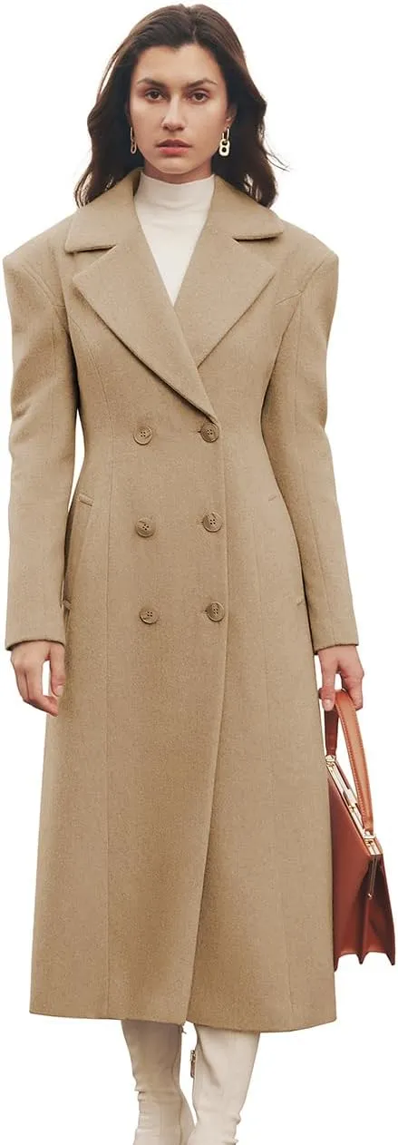 MIHOLL Women's Winter Wool Coat Chic Notched Collar Double Breasted Long Coat With Pockets