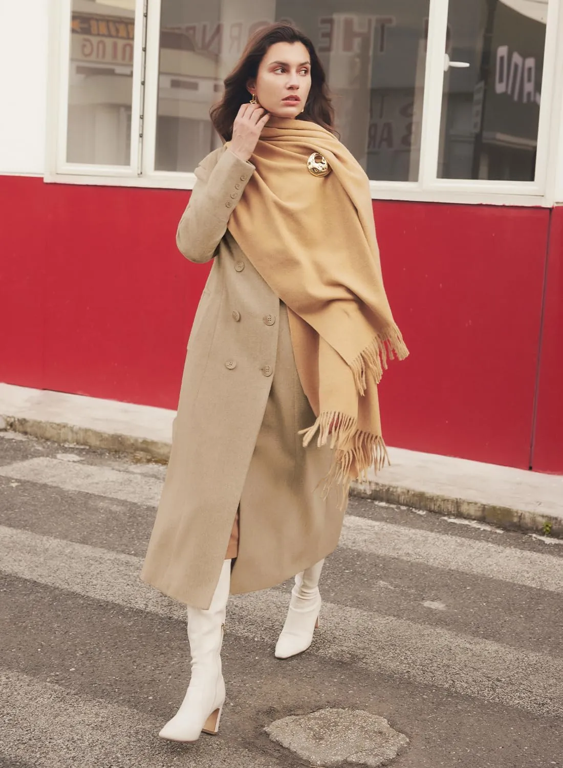 MIHOLL Women's Winter Wool Coat Chic Notched Collar Double Breasted Long Coat With Pockets