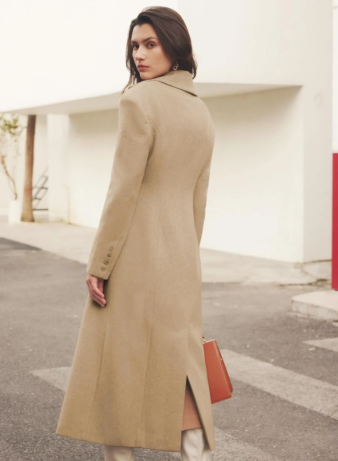 MIHOLL Women's Winter Wool Coat Chic Notched Collar Double Breasted Long Coat With Pockets
