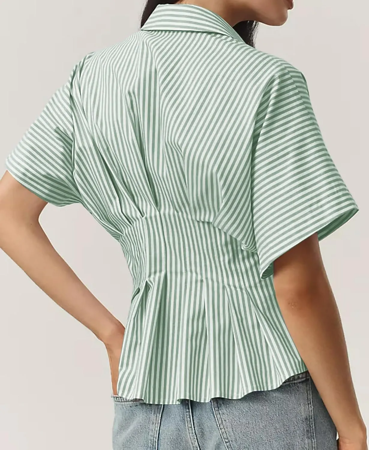 MISSACTIVER Striped Button Down Shirts for Women Short Sleeve Pleated Corset Blouse Casual Summer Peplum Dressy Tops