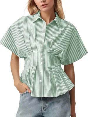 MISSACTIVER Striped Button Down Shirts for Women Short Sleeve Pleated Corset Blouse Casual Summer Peplum Dressy Tops