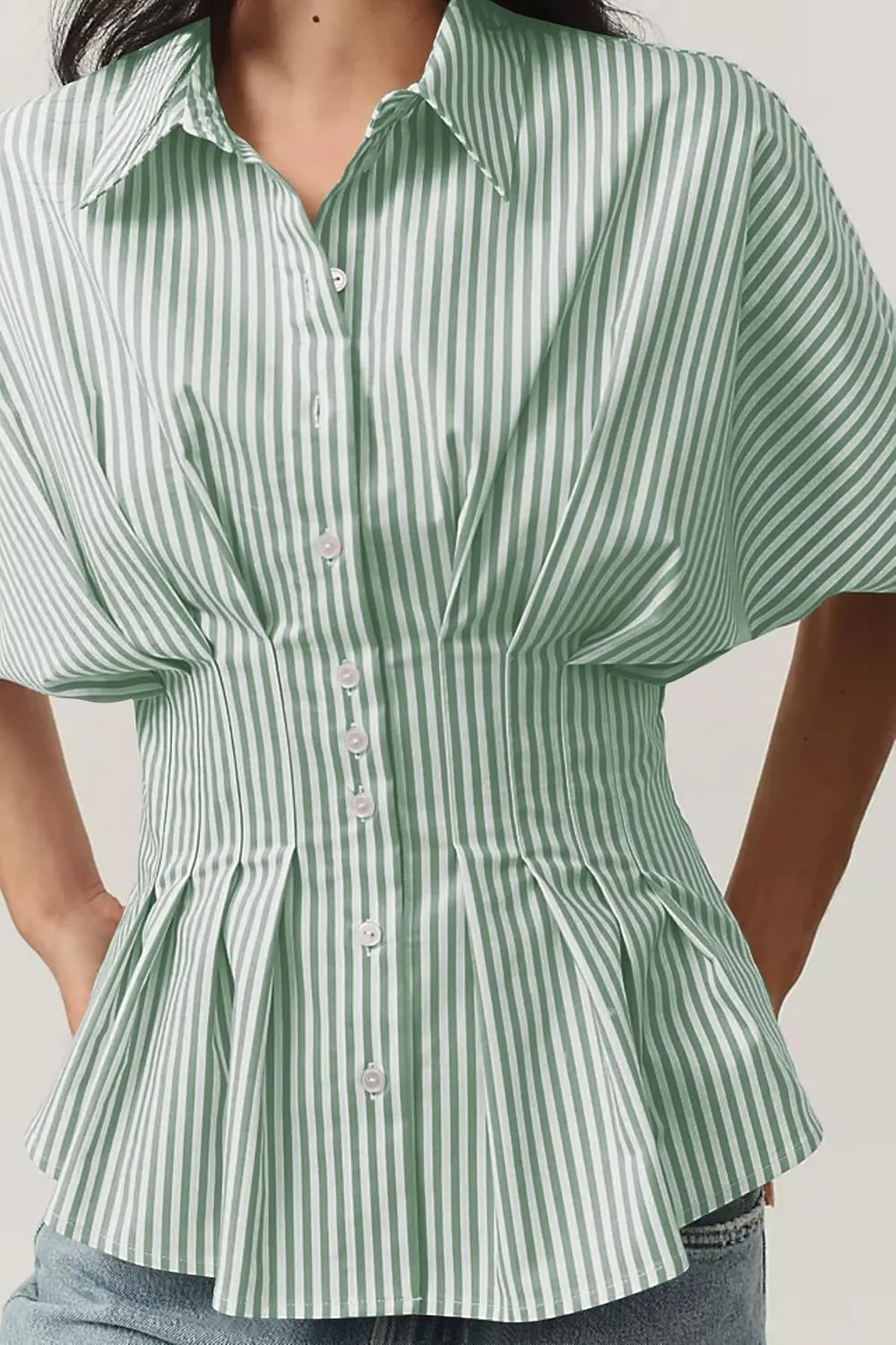 MISSACTIVER Striped Button Down Shirts for Women Short Sleeve Pleated Corset Blouse Casual Summer Peplum Dressy Tops