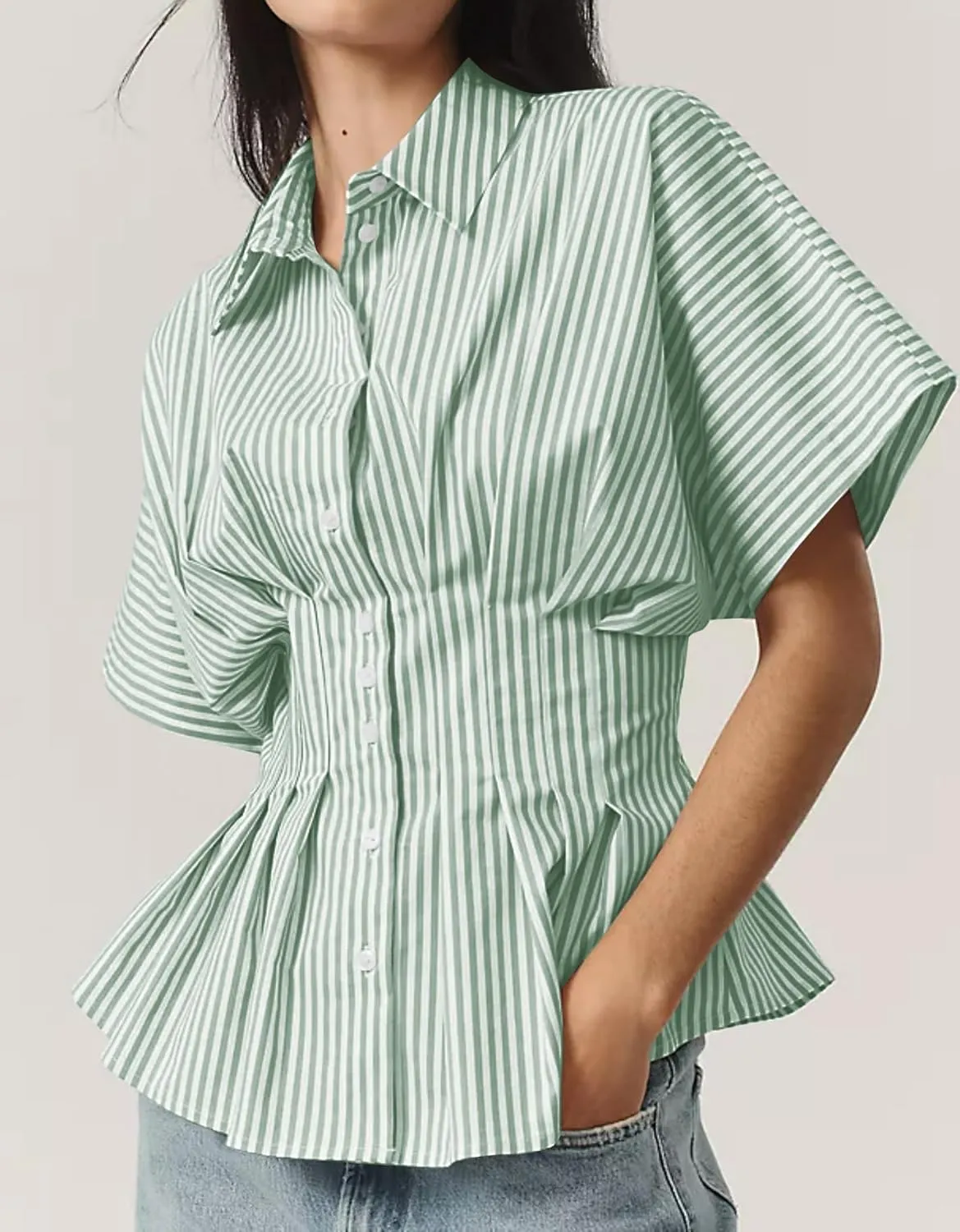 MISSACTIVER Striped Button Down Shirts for Women Short Sleeve Pleated Corset Blouse Casual Summer Peplum Dressy Tops