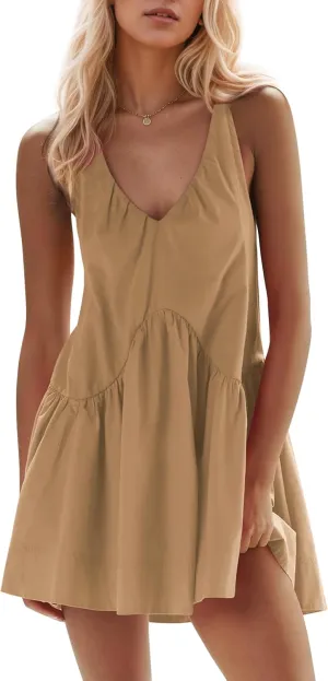 MISSACTIVER Women Summer Sleeveless Mini Dress Casual Racerback V Neck Short Sundress Flowy Tank Babydoll Dresses