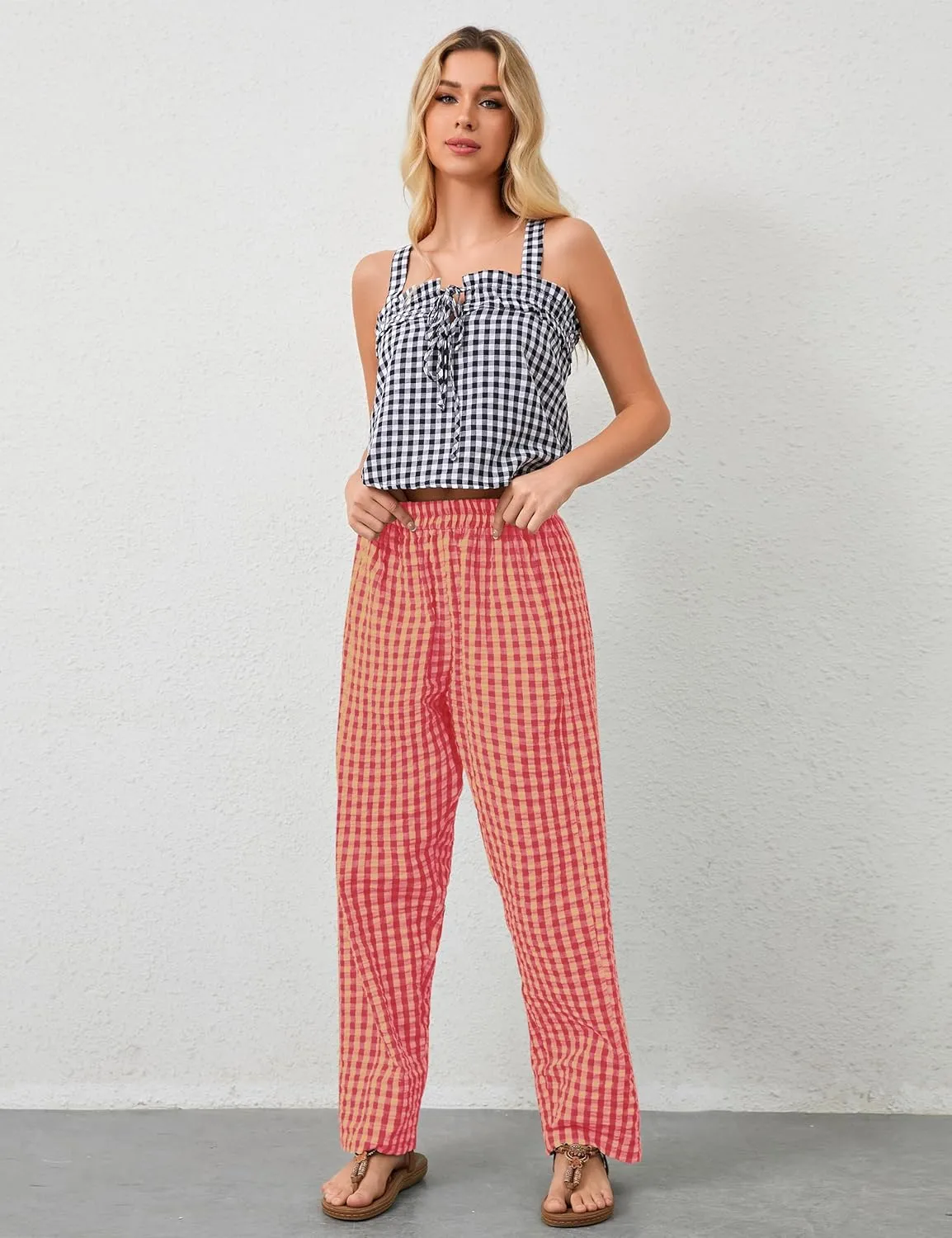 MISSACTIVER Women's Casual Y2K Plaid Pants Mid Rise Wide Leg Trousers Elastic Waist Baggy Loose Lounge Long Pants with Pocket