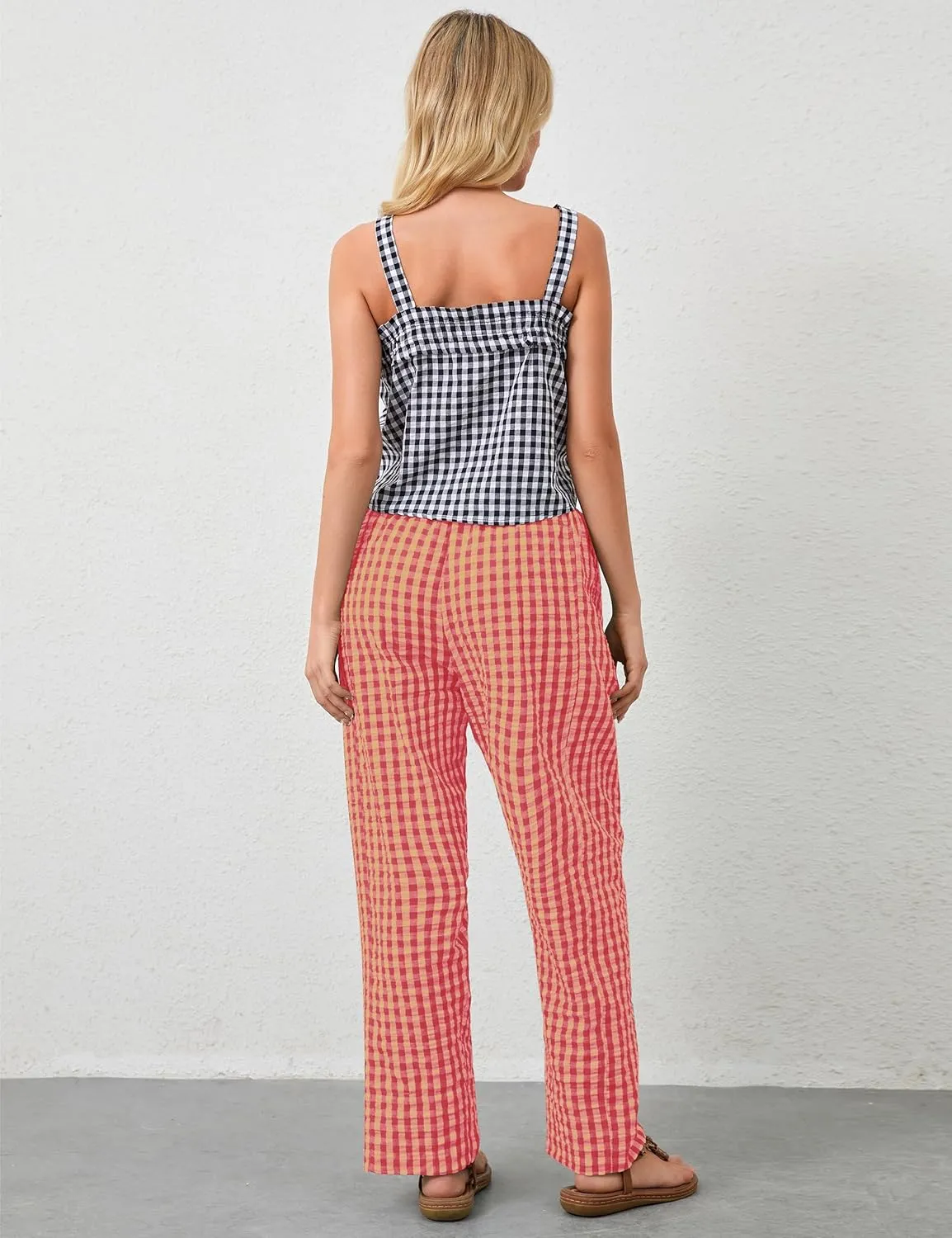 MISSACTIVER Women's Casual Y2K Plaid Pants Mid Rise Wide Leg Trousers Elastic Waist Baggy Loose Lounge Long Pants with Pocket