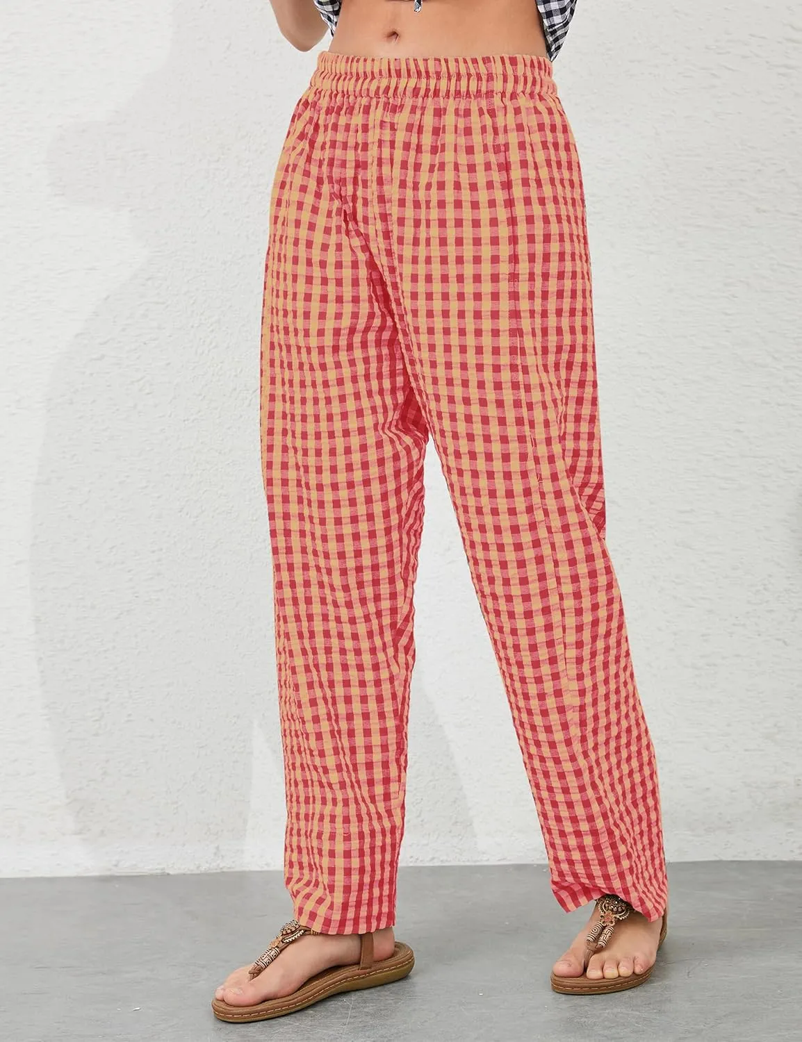 MISSACTIVER Women's Casual Y2K Plaid Pants Mid Rise Wide Leg Trousers Elastic Waist Baggy Loose Lounge Long Pants with Pocket