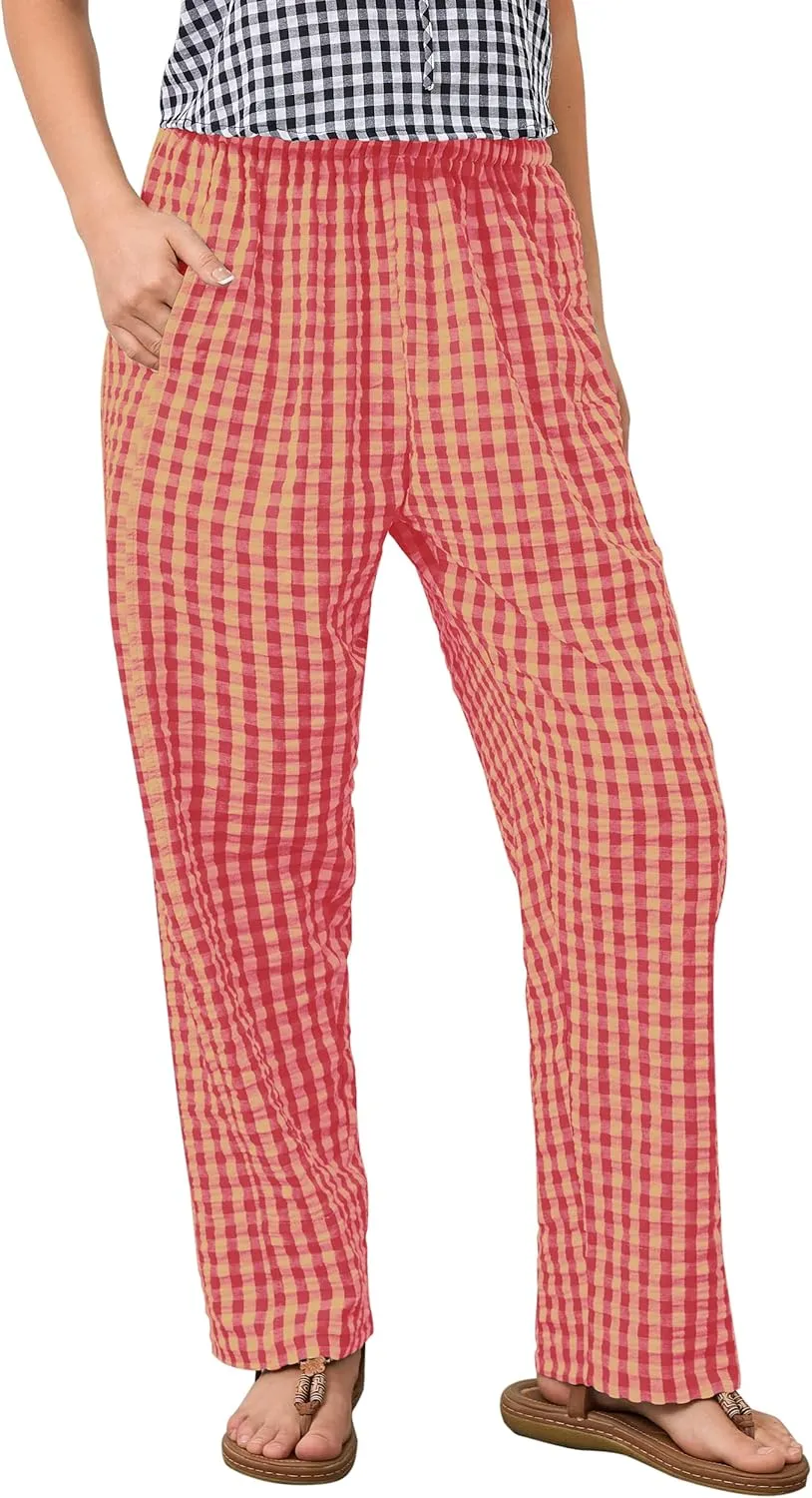 MISSACTIVER Women's Casual Y2K Plaid Pants Mid Rise Wide Leg Trousers Elastic Waist Baggy Loose Lounge Long Pants with Pocket