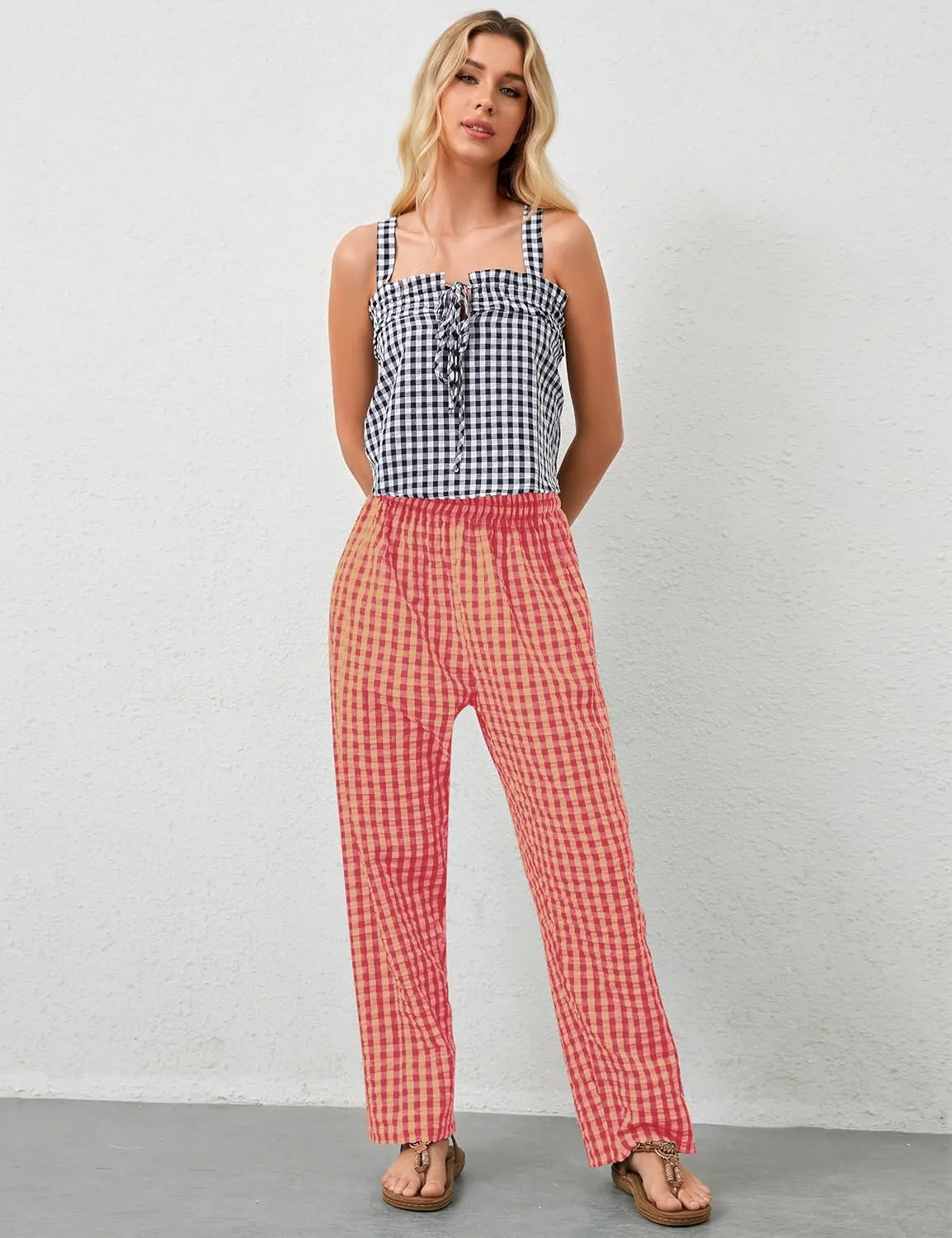 MISSACTIVER Women's Casual Y2K Plaid Pants Mid Rise Wide Leg Trousers Elastic Waist Baggy Loose Lounge Long Pants with Pocket