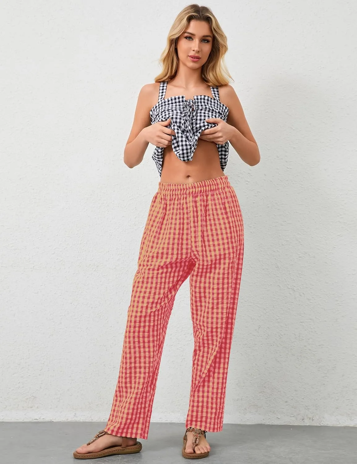 MISSACTIVER Women's Casual Y2K Plaid Pants Mid Rise Wide Leg Trousers Elastic Waist Baggy Loose Lounge Long Pants with Pocket