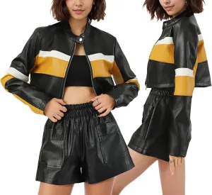 Molilove Faux Leather Jackets for Women Zipper Moto Biker Short Leather Jacket Women Bomber Jacket PU Coats