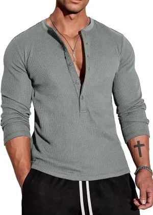 Muscle Cmdr Men's Waffle Henley Shirts Long Sleeve T-Shirt Stylish Casual 5 Button Placket Slim Fit Tee Thermal Underwear