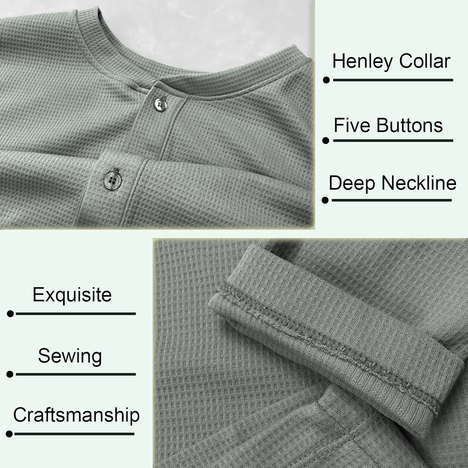 Muscle Cmdr Men's Waffle Henley Shirts Long Sleeve T-Shirt Stylish Casual 5 Button Placket Slim Fit Tee Thermal Underwear