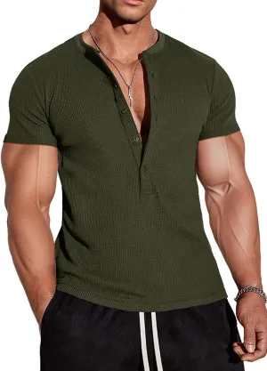 Muscle Cmdr Men's Waffle Henley Shirts Long Sleeve T-Shirt Stylish Casual 5 Button Placket Slim Fit Tee Thermal Underwear