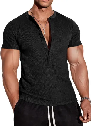 Muscle Cmdr Men's Waffle Henley Shirts Long Sleeve T-Shirt Stylish Casual 5 Button Placket Slim Fit Tee Thermal Underwear
