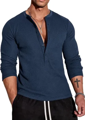 Muscle Cmdr Men's Waffle Henley Shirts Long Sleeve T-Shirt Stylish Casual 5 Button Placket Slim Fit Tee Thermal Underwear