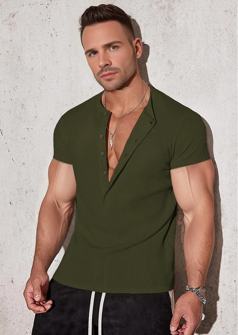 Muscle Cmdr Men's Waffle Henley Shirts Long Sleeve T-Shirt Stylish Casual 5 Button Placket Slim Fit Tee Thermal Underwear