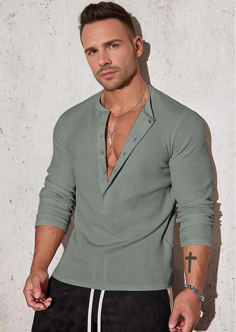 Muscle Cmdr Men's Waffle Henley Shirts Long Sleeve T-Shirt Stylish Casual 5 Button Placket Slim Fit Tee Thermal Underwear