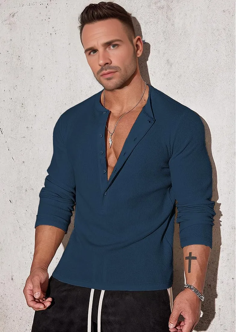 Muscle Cmdr Men's Waffle Henley Shirts Long Sleeve T-Shirt Stylish Casual 5 Button Placket Slim Fit Tee Thermal Underwear