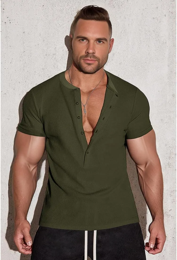 Muscle Cmdr Men's Waffle Henley Shirts Long Sleeve T-Shirt Stylish Casual 5 Button Placket Slim Fit Tee Thermal Underwear
