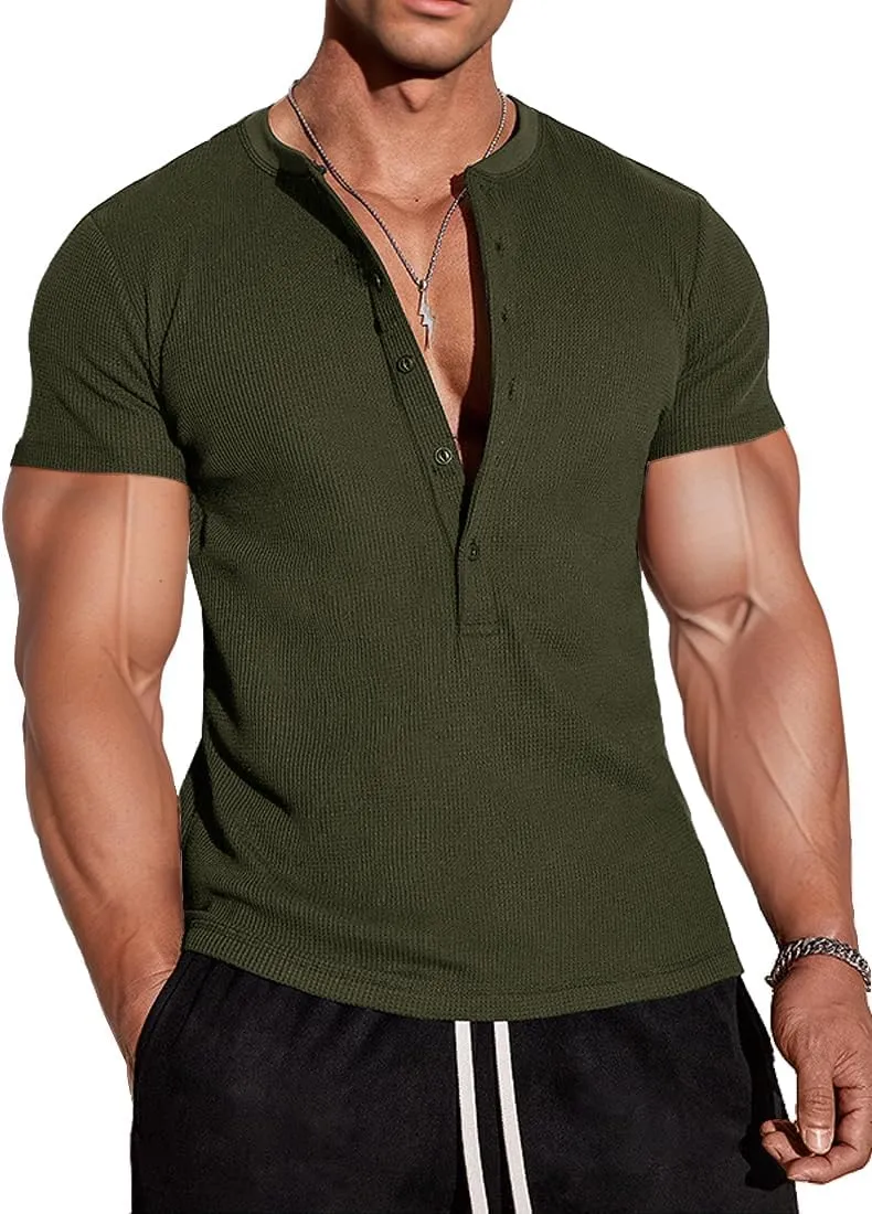 Muscle Cmdr Men's Waffle Henley Shirts Long Sleeve T-Shirt Stylish Casual 5 Button Placket Slim Fit Tee Thermal Underwear