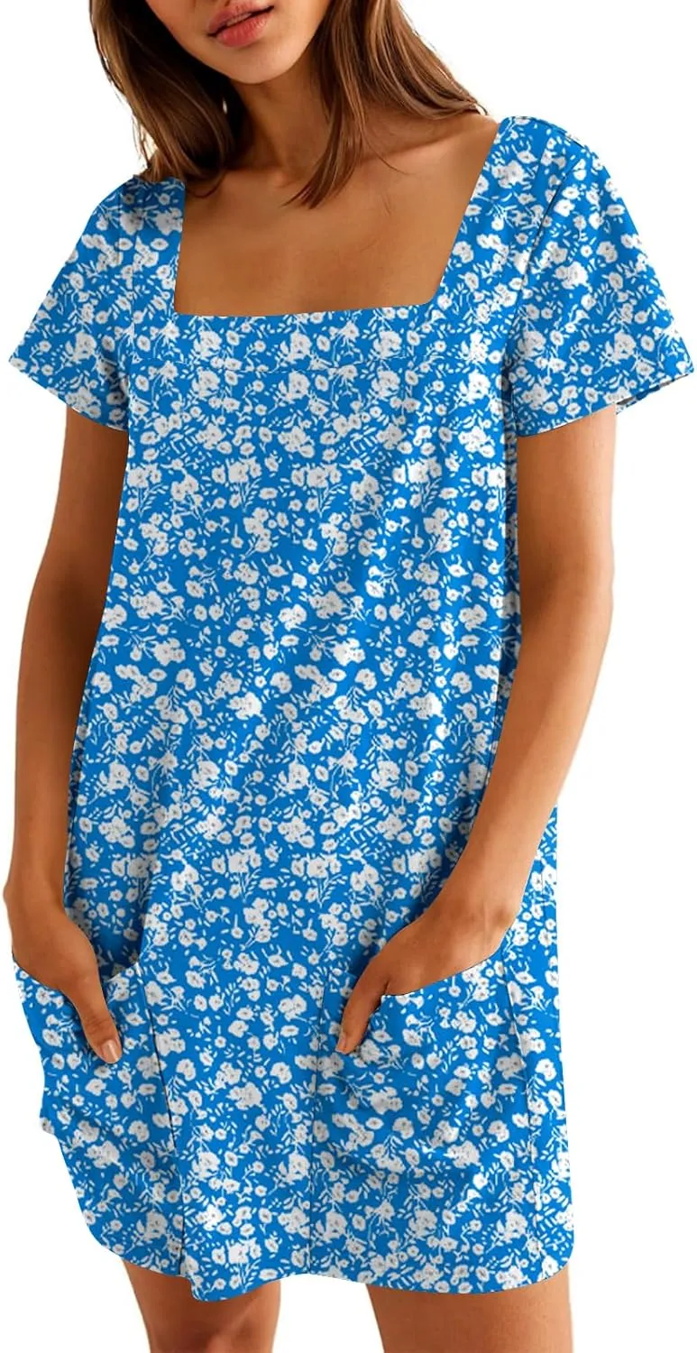 Naggoo Women Summer Sundresses Short Sleeve Square Neck Shift Tshirt Mini Dress with Pockets